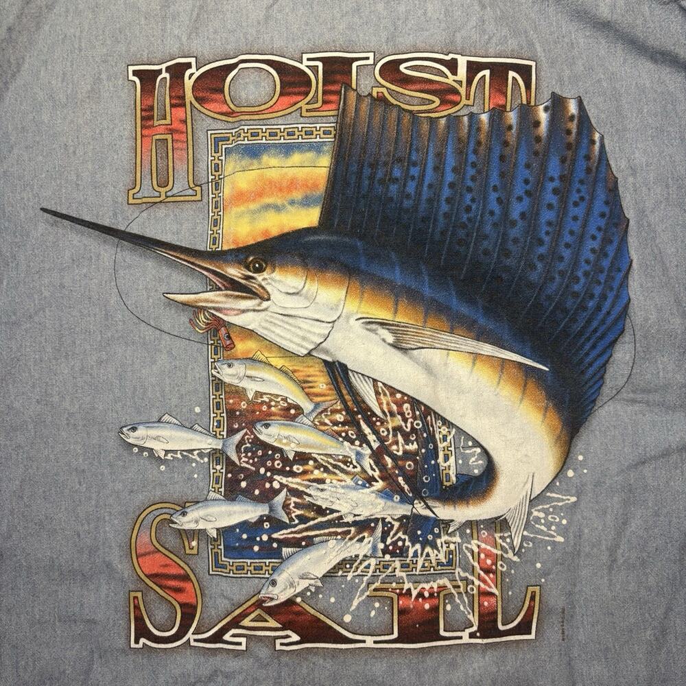 Vintage Penn Reels Chambray Fishing Shirt XL Sailfish Button Front Blue